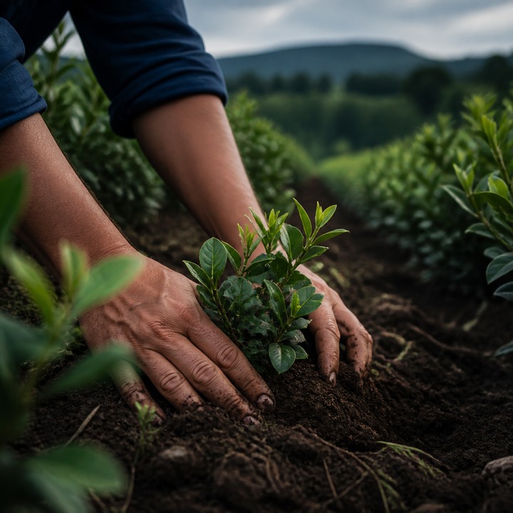 Manos trabajando la tierra en plantaciones regionales